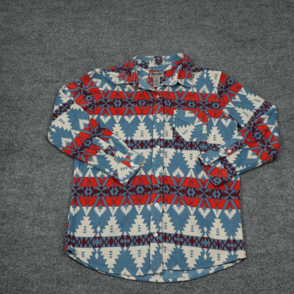 Wrangler Shirt Womens Small Blue Red Southwestern Geometric Fleece Button Aztec